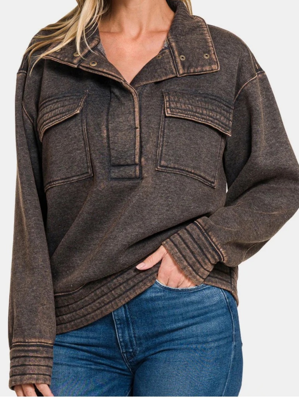 Zenana Acid Washed Half Snap Fleece Sweatshirt/ Utility Jacket Quarter zip Black